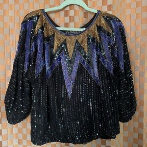 Glamorous Vintage Sequined Beaded Blouse with Gold and Purple Accents MARDI GRAS